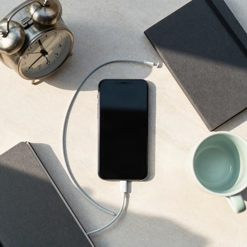 Top-down booking flatlay with phone, clock, mug, notebook and cable on pale stone.