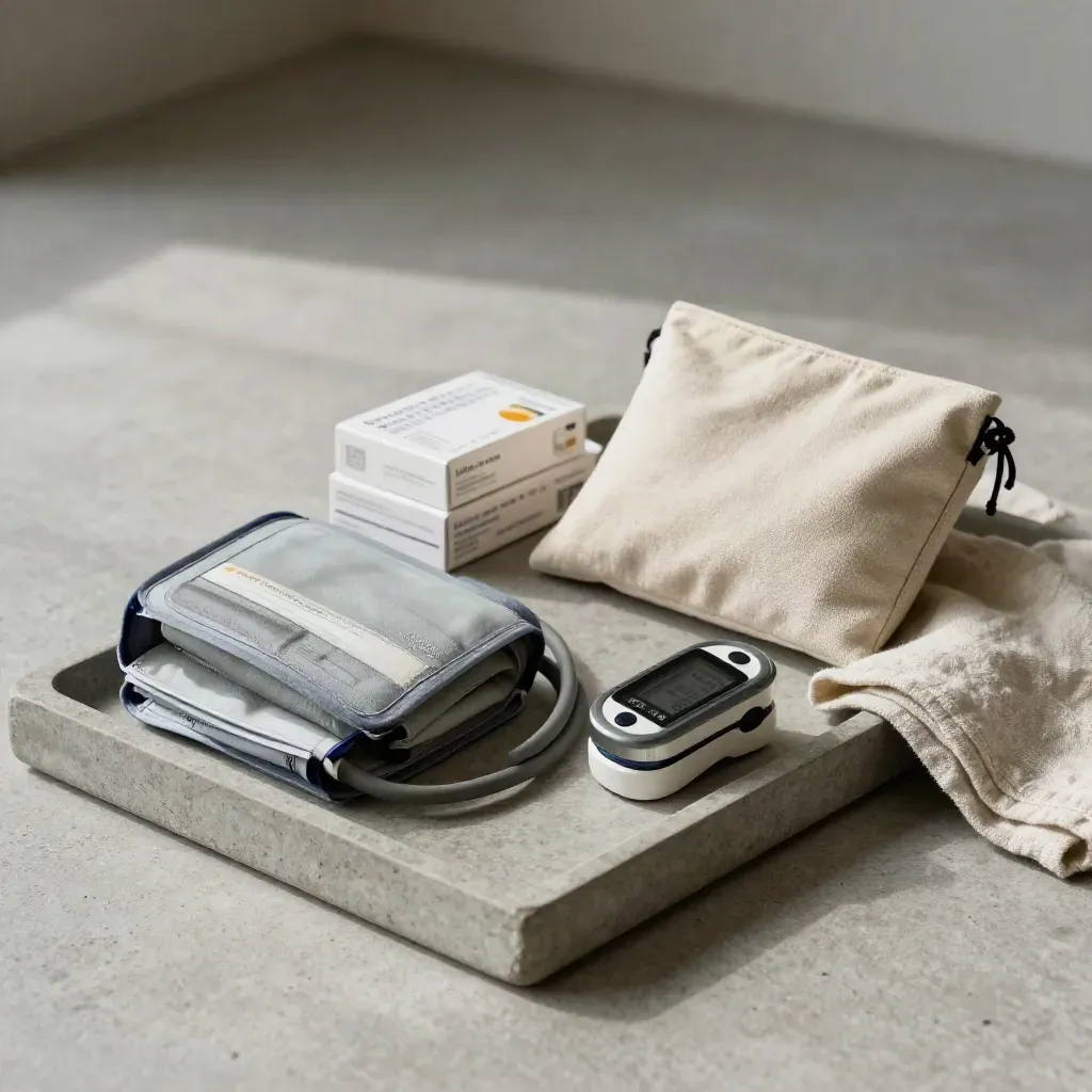 Blood-pressure cuff, oximeter, medication boxes and pouch on a stone tray