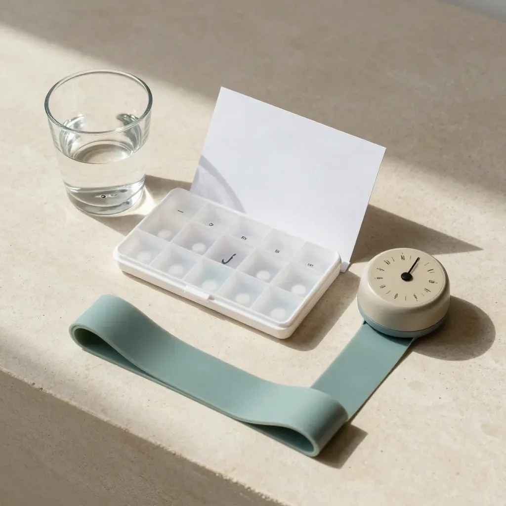 Care-plan kit with pill organiser, water glass, teal band and timer on pale stone.