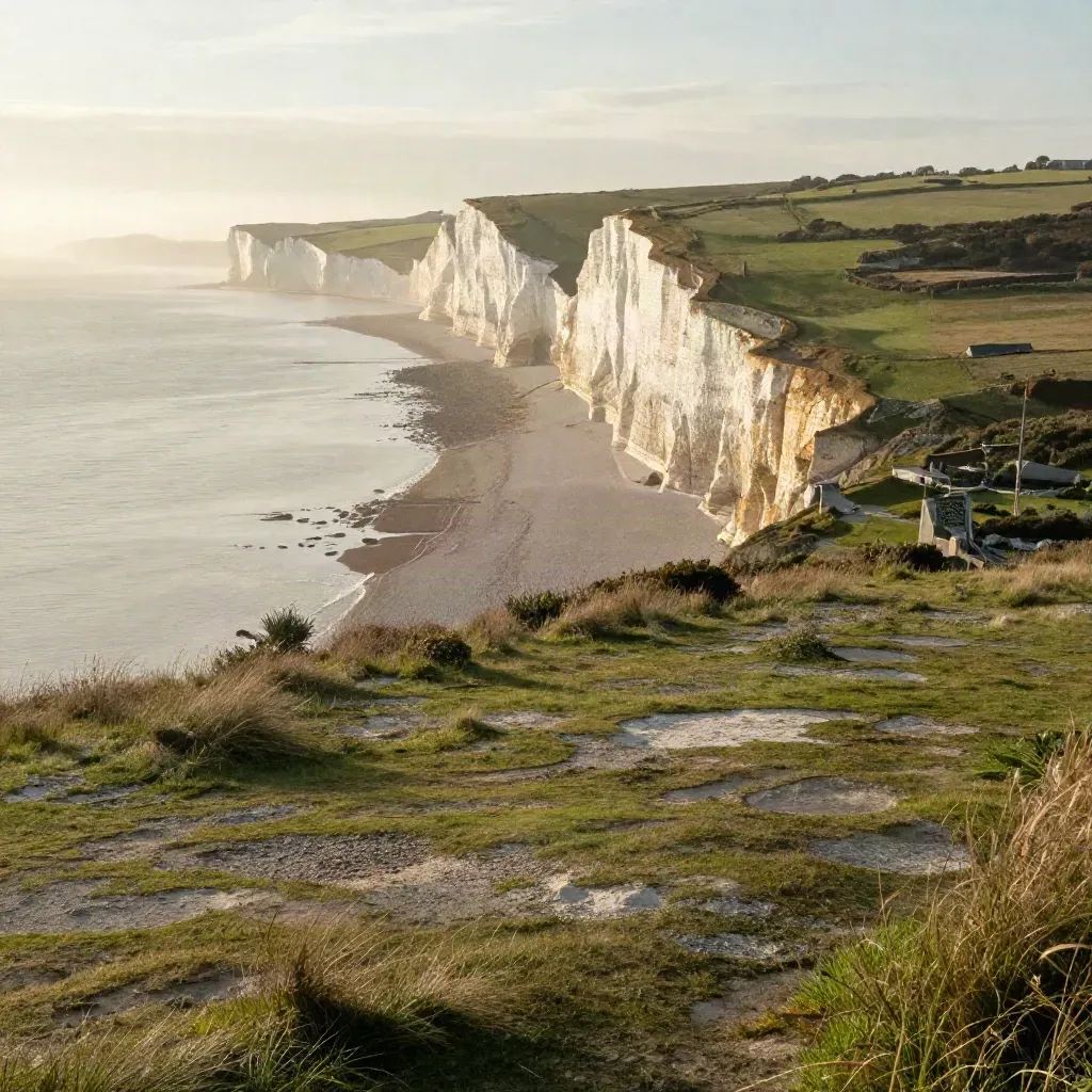 Chalk cliffs and green downs above a misty South East England coast at sunrise