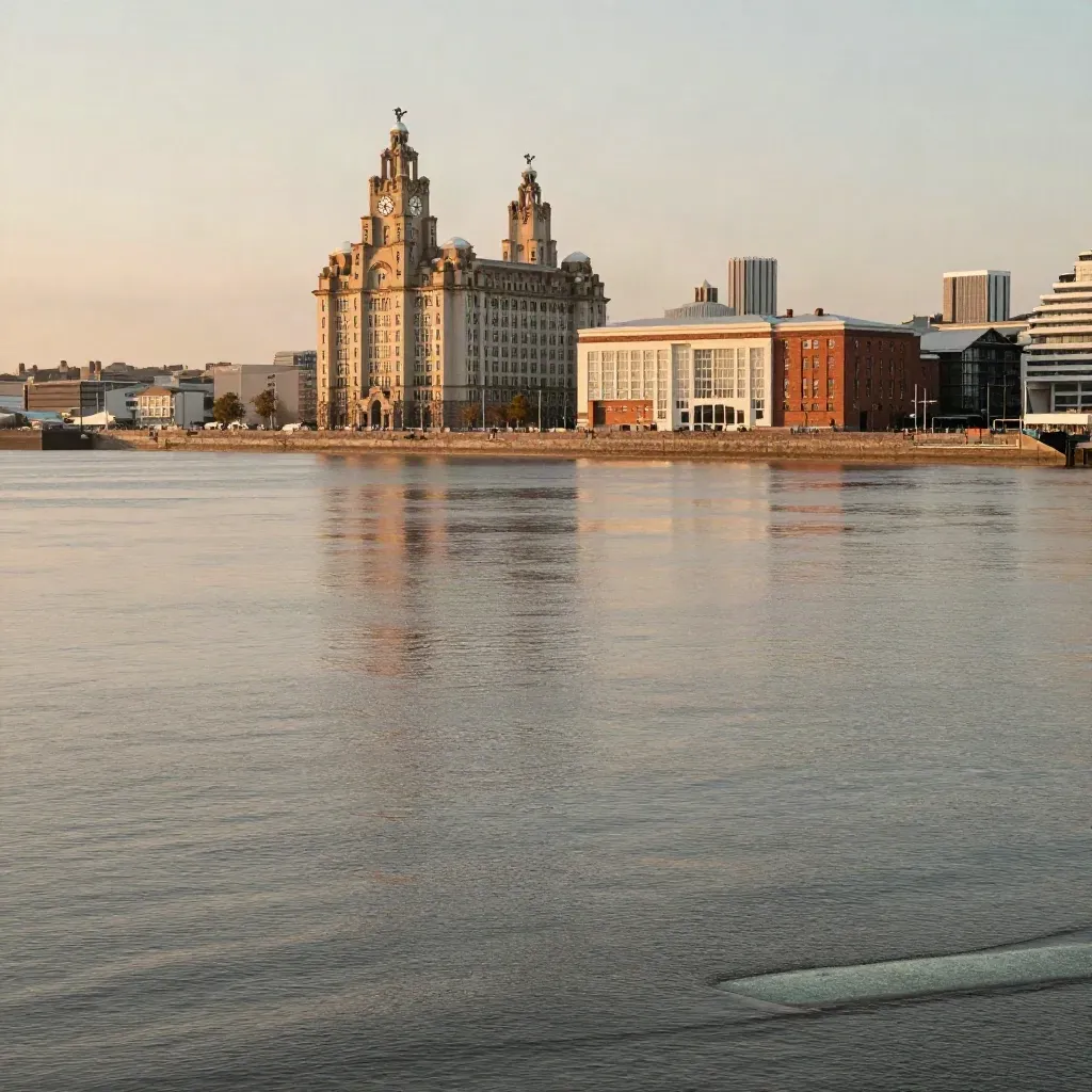Liverpool waterfront and the Mersey in warm golden haze with open water below.