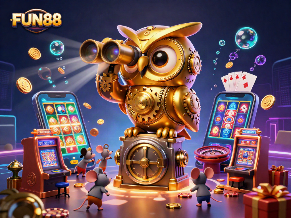 Experience the thrill of FUN88 as a golden owl observes vibrant slot action in a packed casino scene.