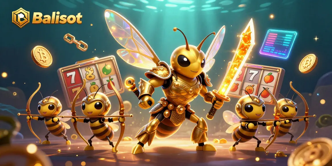 Engage with Balislot's captivating gaming scene featuring dynamic slot elements and a golden hornet character.