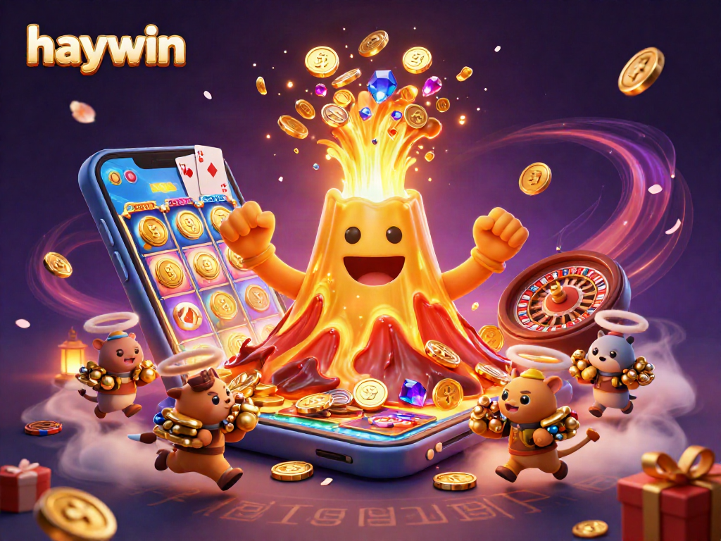 Experience excitement at haywin with a triumphant golden volcano erupting treasures in a vibrant gaming scene.