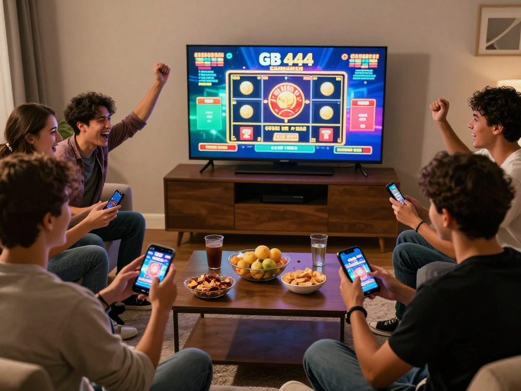 Friends enjoying an online gaming night with GB 444, showcasing excitement and social interaction.