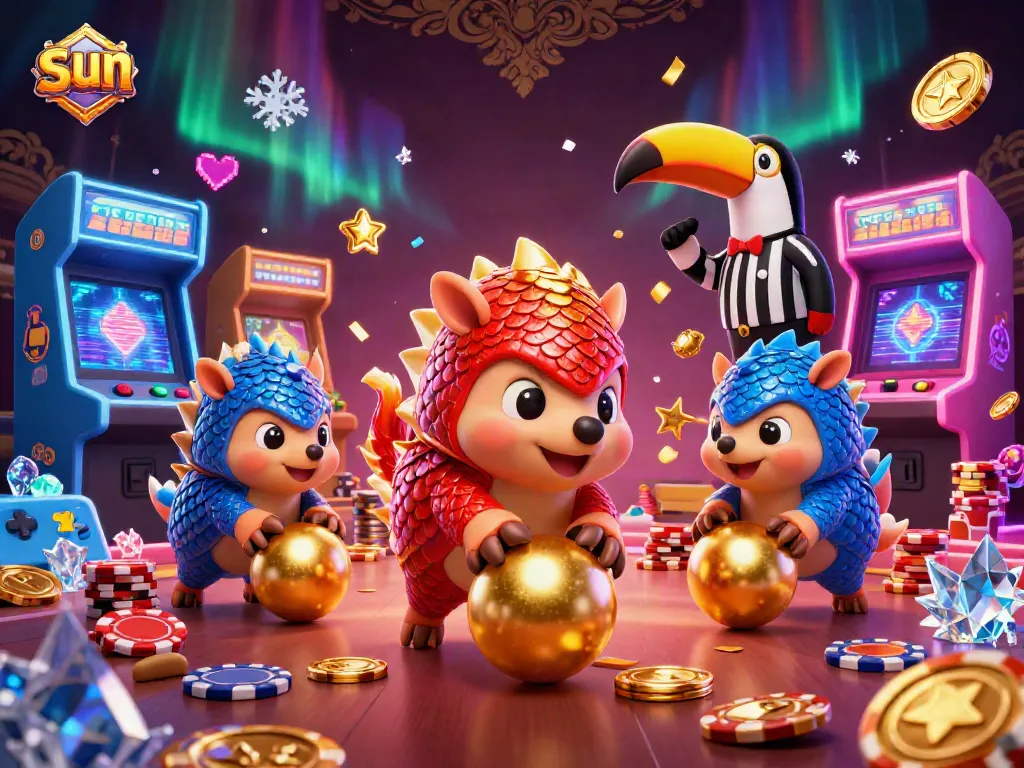 Spin to win with the sun as pangolins roll through golden balls in a vibrant casino scene.