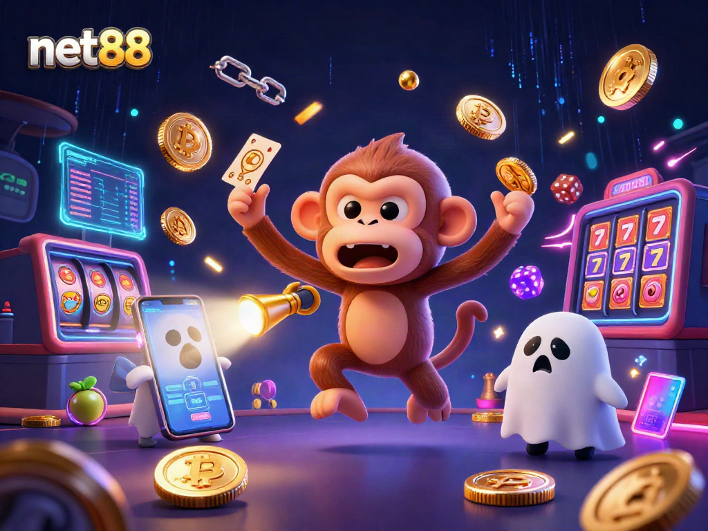 Engage with net88 as a playful poltergeist and ghost-hunter puppy light up a lively casino scene.