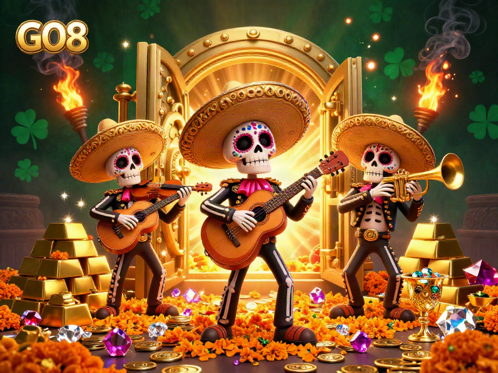 Join the vibrant celebration at GO8, where the mariachi band plays amidst gold bars and gems for a thrilling casino experience.