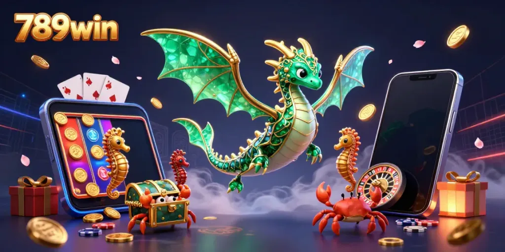 Experience the excitement of 789win through a vibrant 3D casino scene filled with energy and gamified elements.