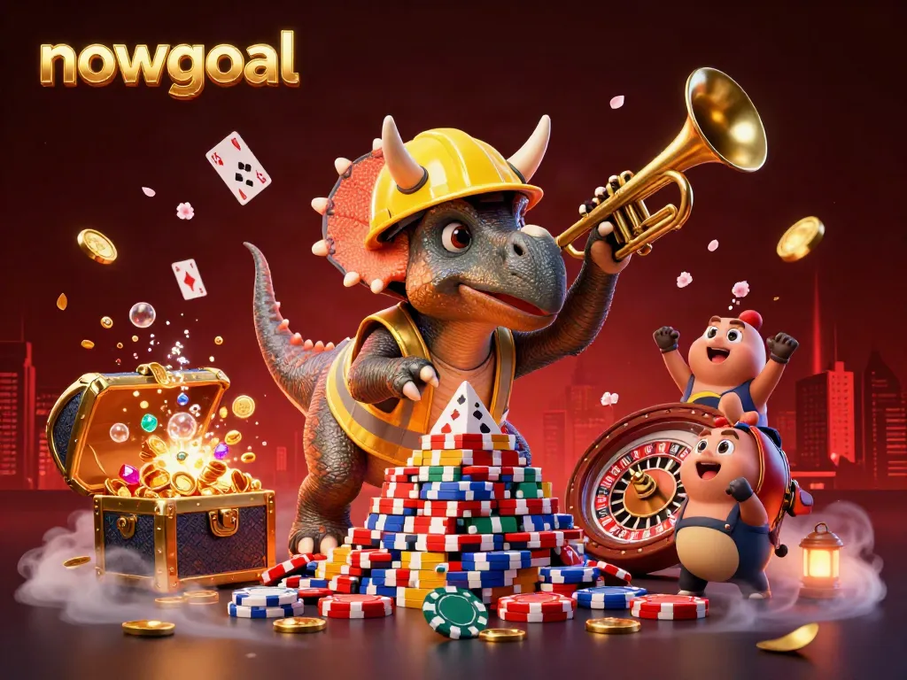 Engaging nowgoal scene with a triceratops celebrating atop a tower of poker chips and surrounded by casino elements.