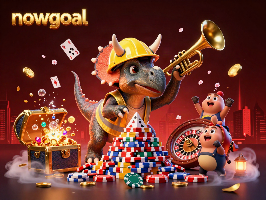 Engaging nowgoal scene with a triceratops celebrating atop a tower of poker chips and surrounded by casino elements.