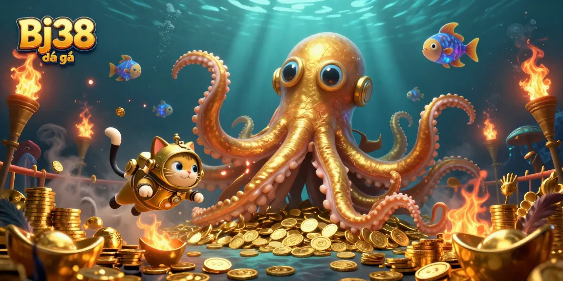 Bet on Bj38 đá gà in a vibrant, treasure-filled arena with a colossal kraken and diving cat.