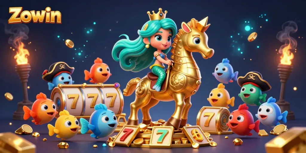 Experience Zowin's immersive 3D illustration featuring a mermaid princess and her golden seahorse during a thrilling gaming adventure.