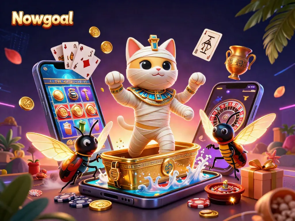 Win big with Nowgoal's vibrant graphic showcasing the Egyptian mummy cat in a pyramid casino.