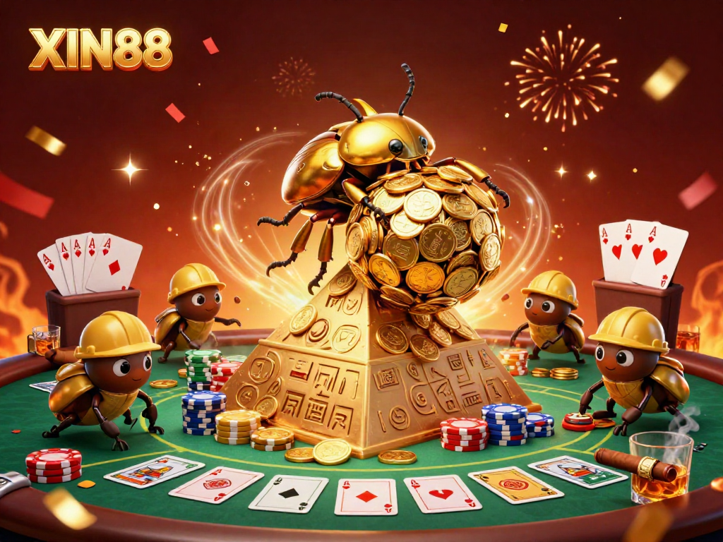 XIN88 showcases a cartoon golden beetle symbolizing gaming success, with vibrant casino elements surrounding it.