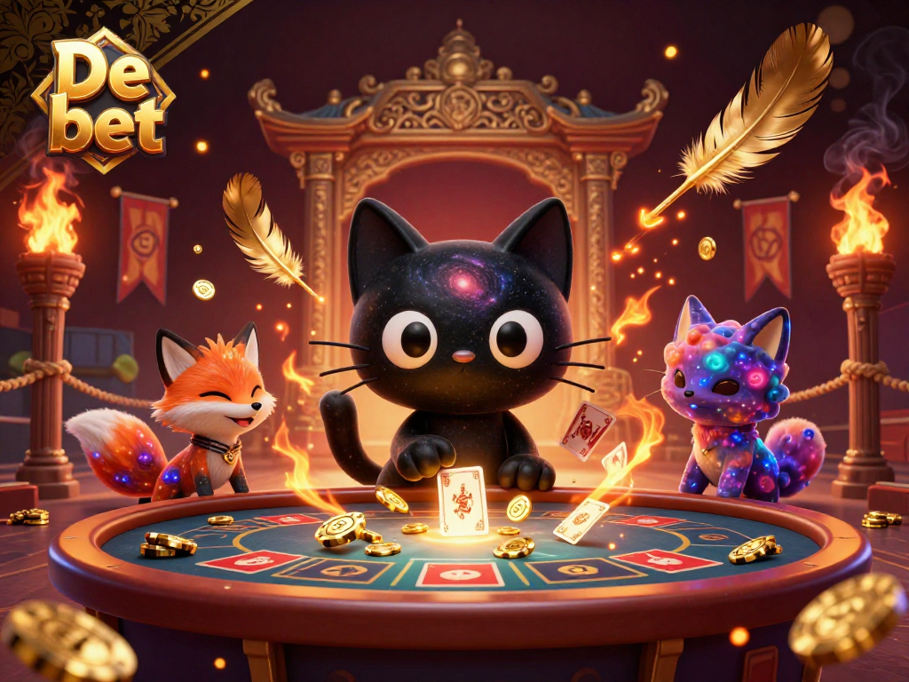 Experience the cosmic allure of De bet with a captivating gambling scene featuring a black hole cat and nebula fox.