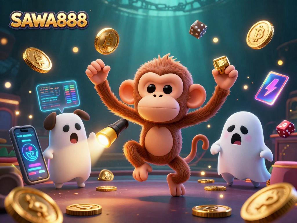 Experience the thrill of SAWA888 as a mischievous monkey juggles golden treasures in a vibrant haunted casino.