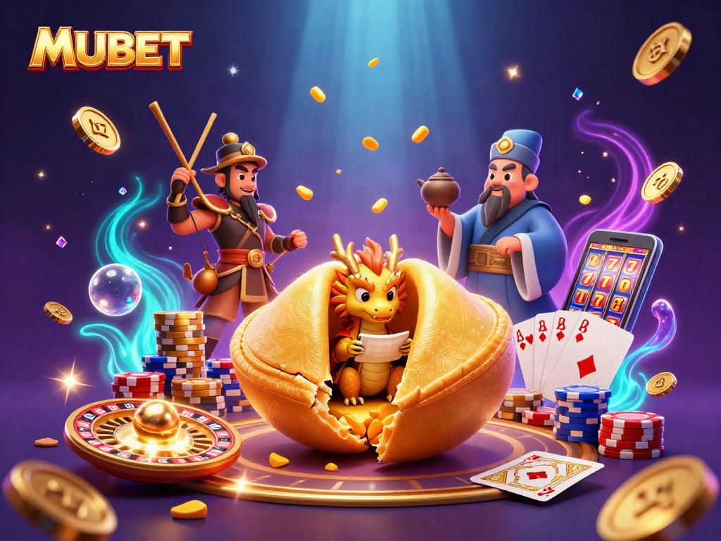 MUBET brings fortune and excitement in a dynamic casino scene featuring a golden fortune cookie, a wise dragon, and gaming elements.