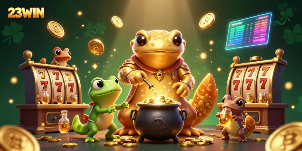 Experience the thrill of winning with 23WIN in this vibrant casino-themed illustration.