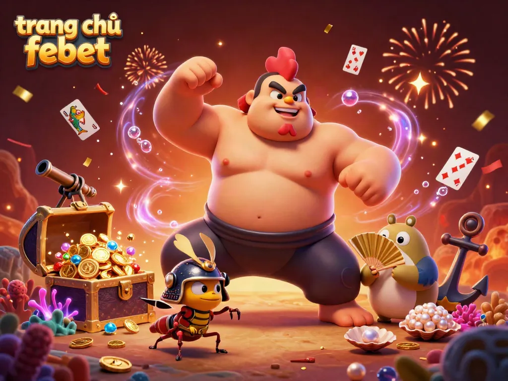 Experience excitement at trang chủ febet with dynamic gaming visuals, featuring a powerful sumo rooster and adventurous characters.