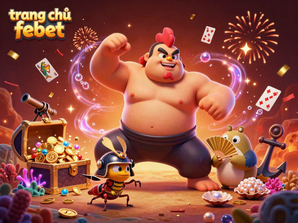 Experience excitement at trang chủ febet with dynamic gaming visuals, featuring a powerful sumo rooster and adventurous characters.