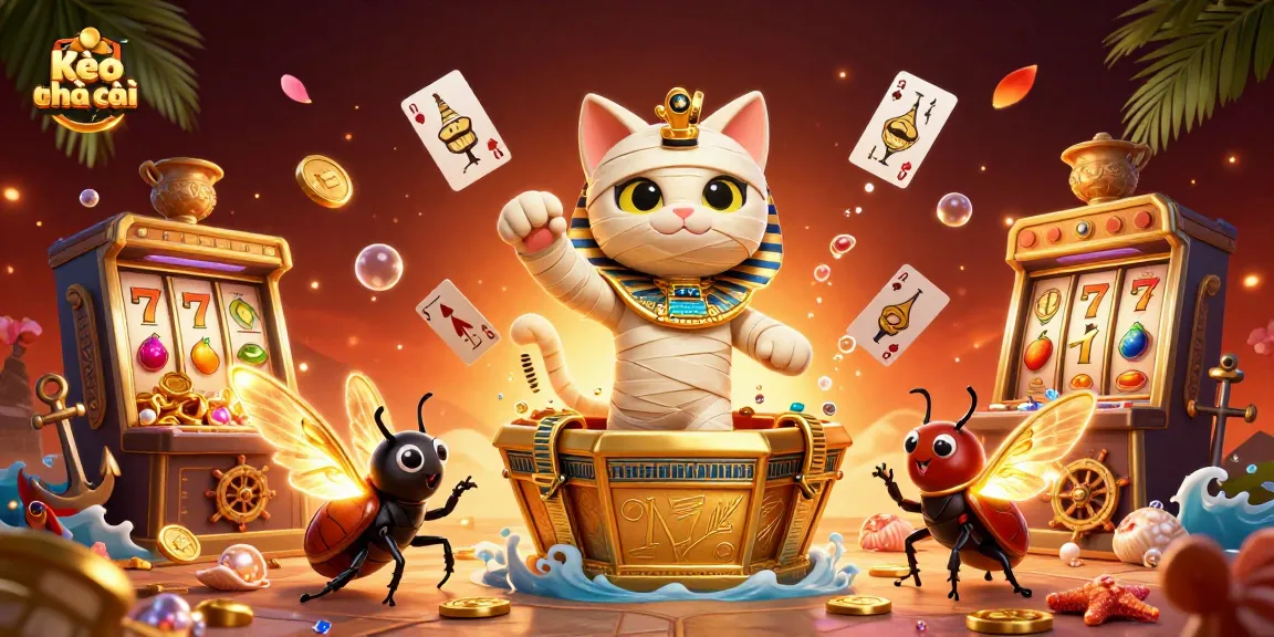 Kèo nhà cái presents a vibrant gambling scene with an Egyptian mummy cat, representing high-stakes excitement.