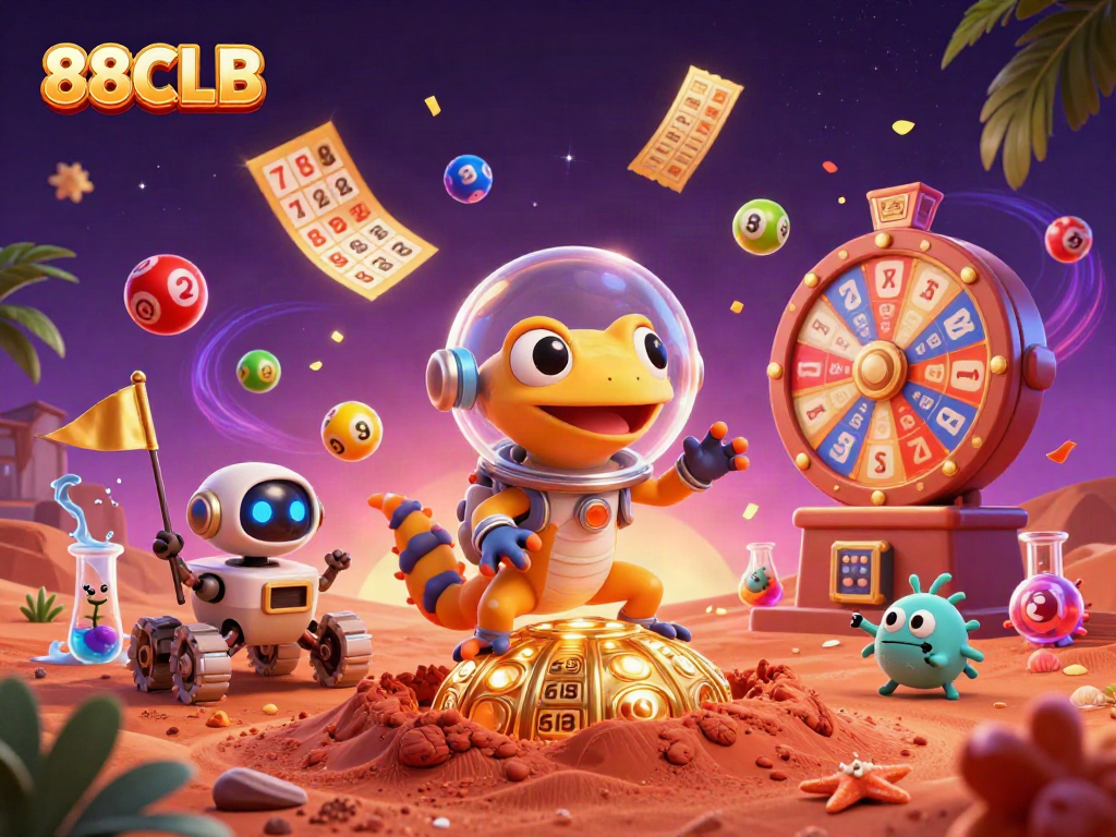 Engage with exciting activities at 88CLB casino featuring lottery balls and vibrant casino elements.