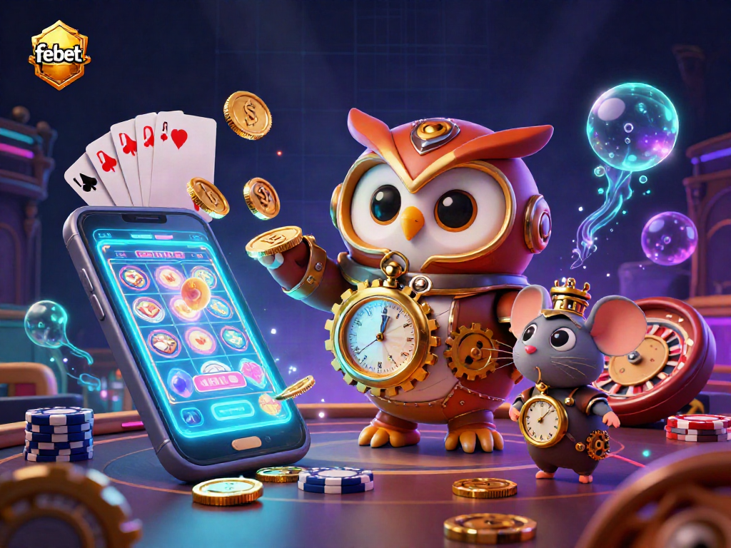 Experience the vibrant gaming scene at febet with a cartoon owl and steampunk elements.