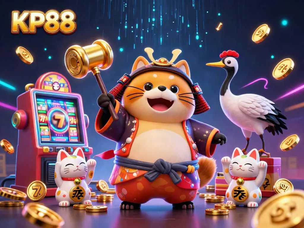 Bet and win big at KP88 casino with cheerful tanuki and lucky symbols.