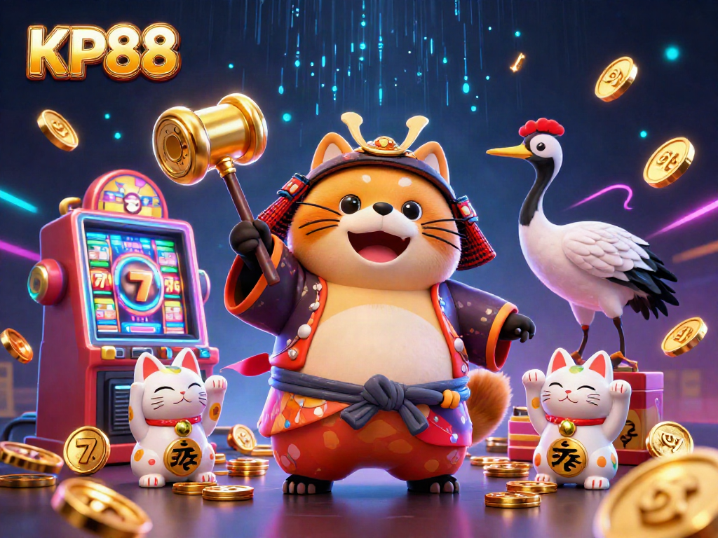 Bet and win big at KP88 casino with cheerful tanuki and lucky symbols.