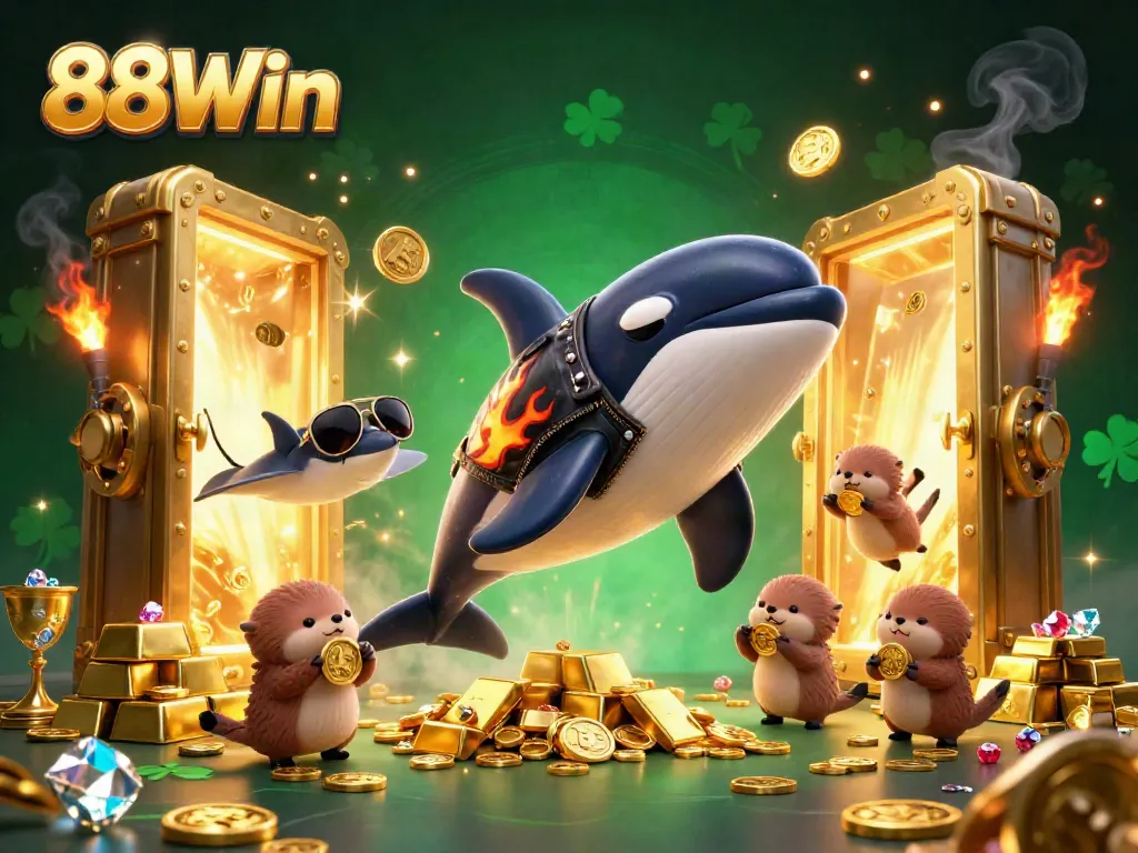 Engage with 88Win's thrilling features through a vibrant 3D scene with cartoon characters, gold elements, and dynamic action.
