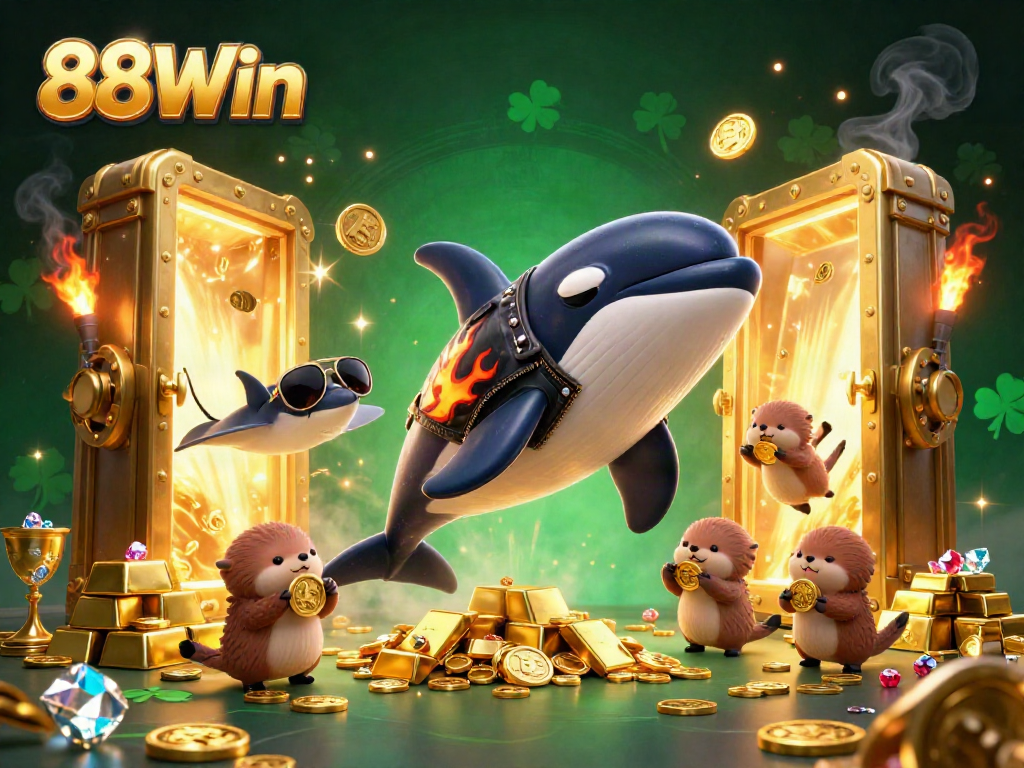 Engage with 88Win's thrilling features through a vibrant 3D scene with cartoon characters, gold elements, and dynamic action.