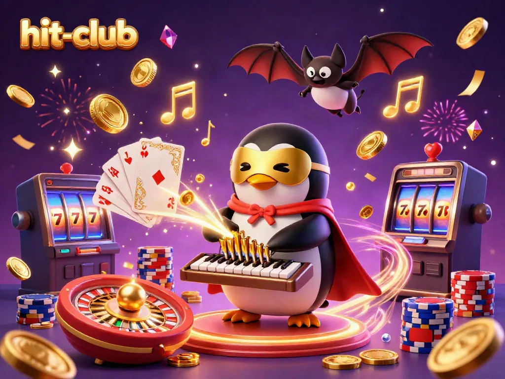Witness a vibrant hit-club scene with a penguin playing the organ while golden coins cascade.