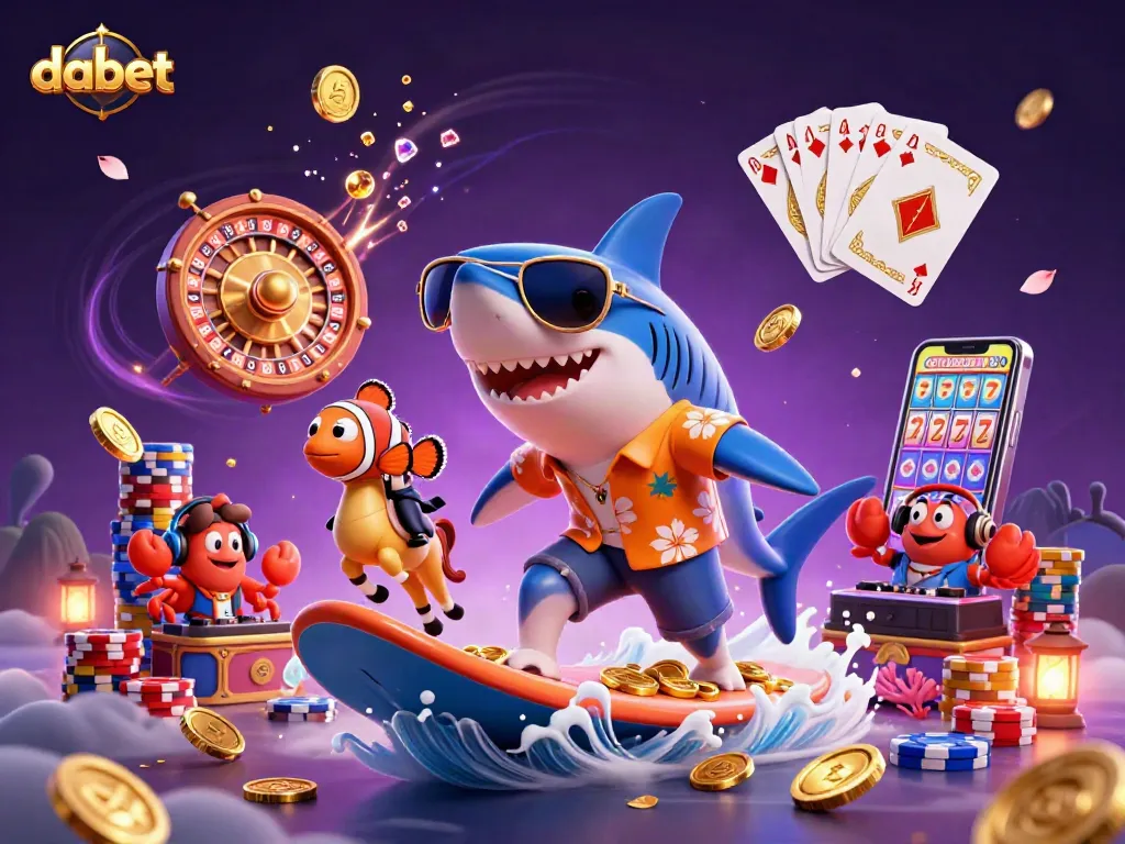 Engage with dabet through this vibrant illustration featuring a hammer-head shark surfing on gold coins.