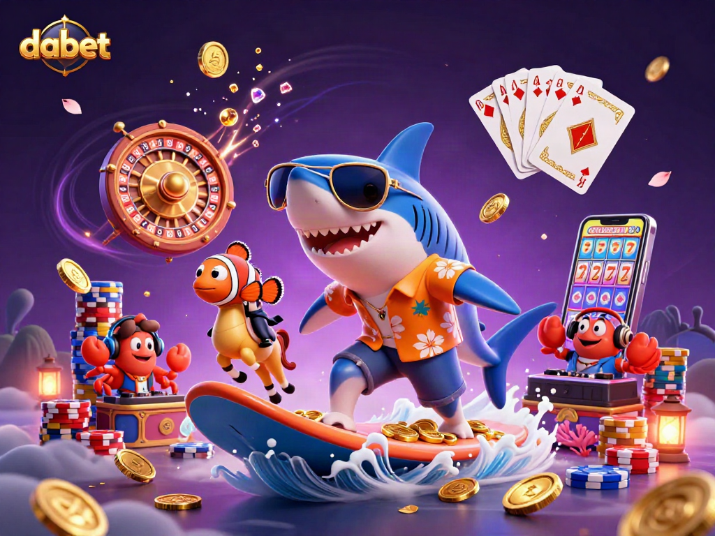 Engage with dabet through this vibrant illustration featuring a hammer-head shark surfing on gold coins.
