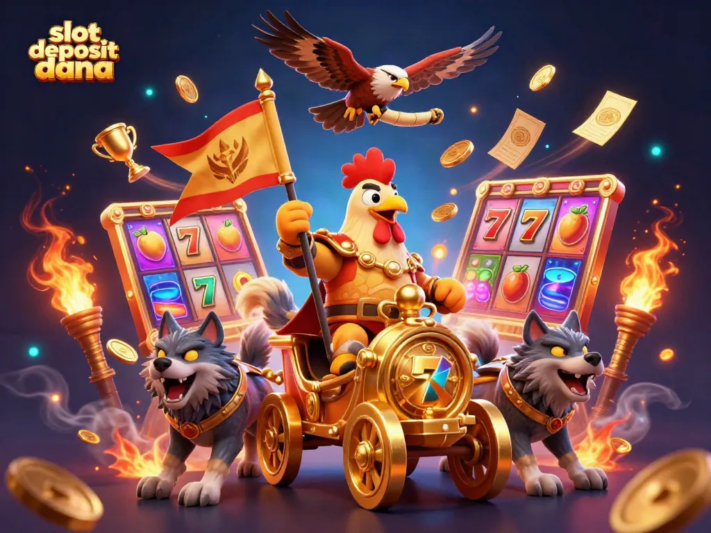 Play exciting games at slot deposit dana with colorful slot reels, trophies, and golden rewards.