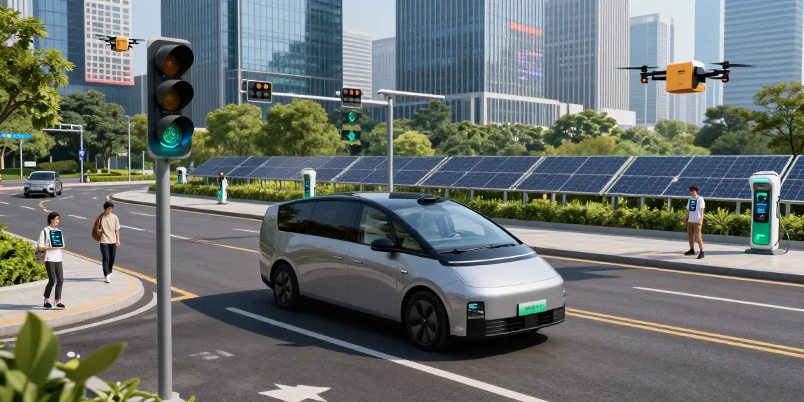 Autonomous driving vehicle navigating a futuristic city with smart traffic systems and greenery.