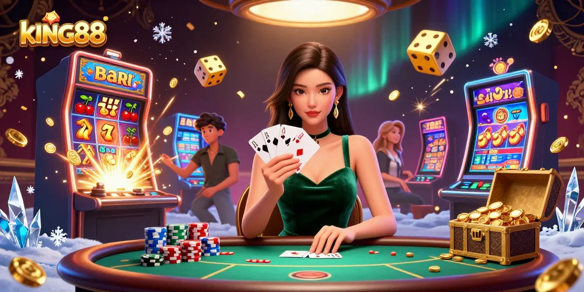 Play thrilling casino games at kING88 with a stunning poker scene featuring vibrant graphics and dynamic elements.