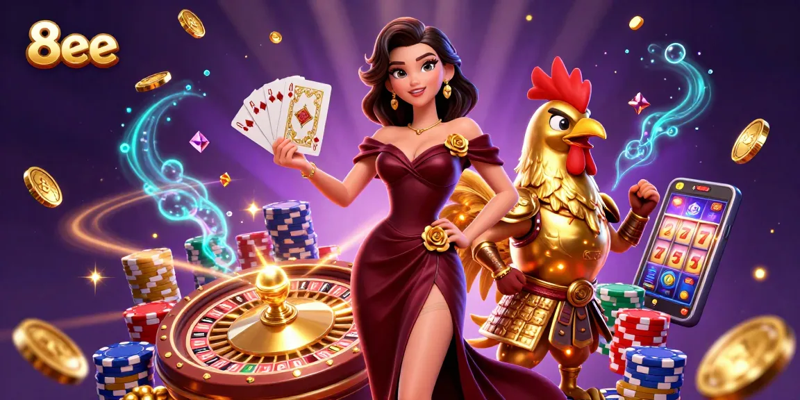 Win big with 8eee at this vibrant casino illustration featuring exciting gaming elements and characters.