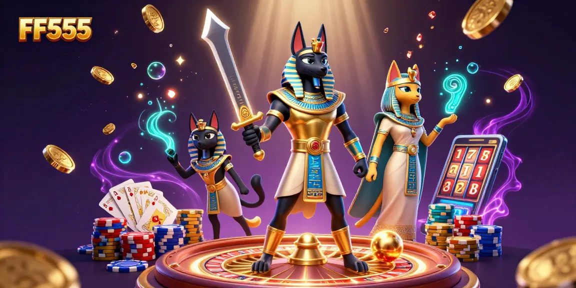 FF555 engages players with a vibrant casino scene featuring Anubis and Bastet.