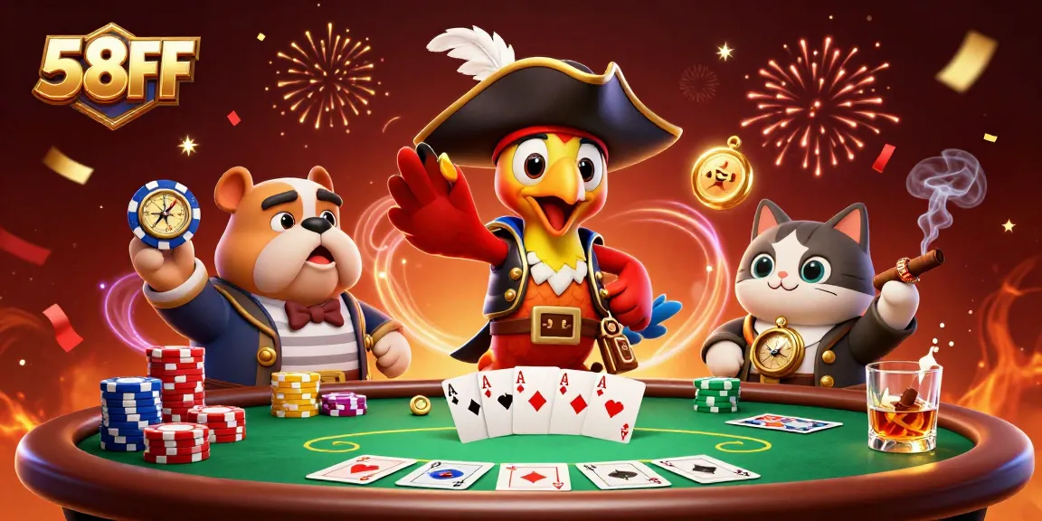 Engage in thrilling poker action with 58FF's lively character scene, featuring vibrant casino elements.