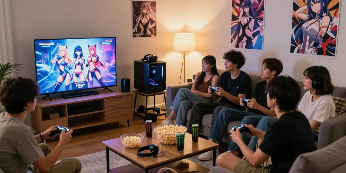 Friends enjoying a sissy hentai game together in a cozy living room atmosphere.
