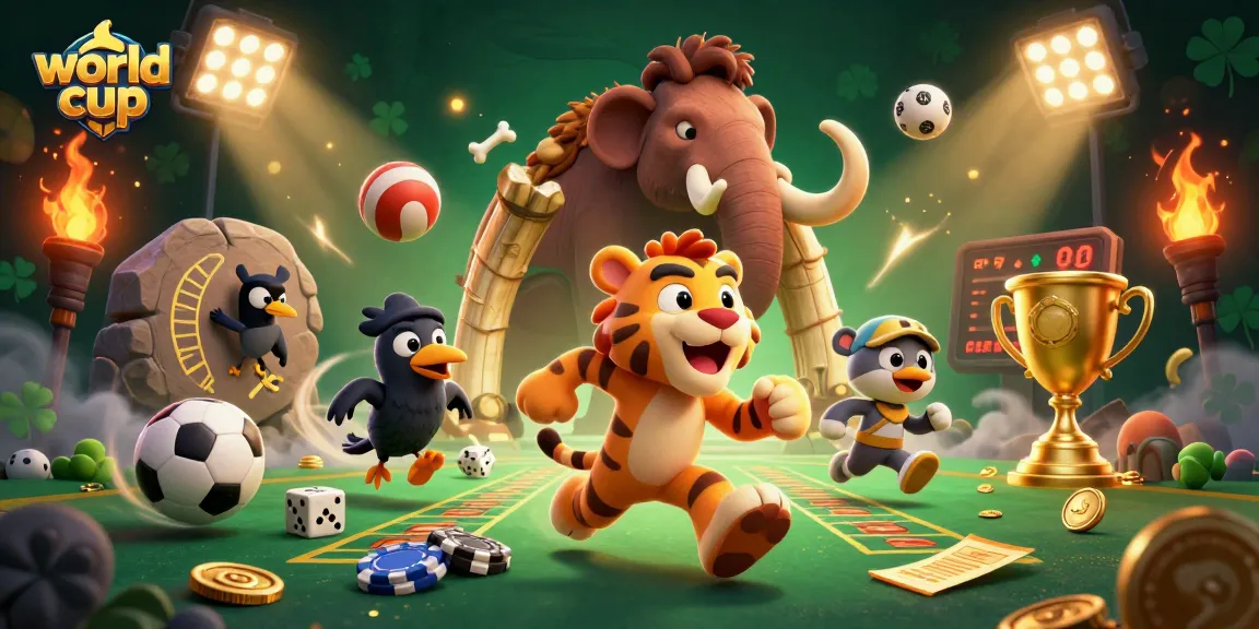 Experience the excitement of the world cup with vibrant sporting elements in a prehistoric casino setting.