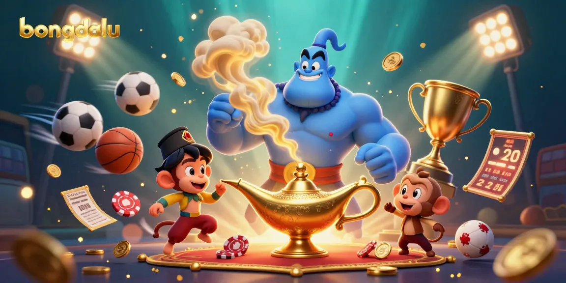 Bongdalu showcases an action-packed scene with a dynamic genie, monkey, and magic carpet amid vibrant gambling elements.