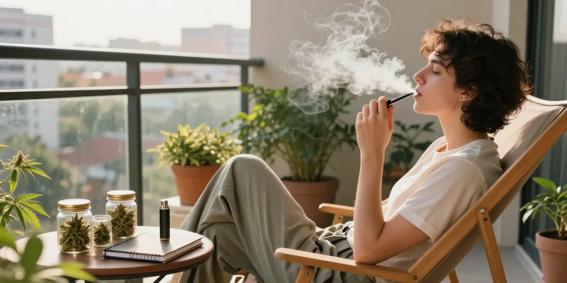 Individual using weed pens on a sunny balcony with cannabis jars and plants, showcasing modern lifestyle.