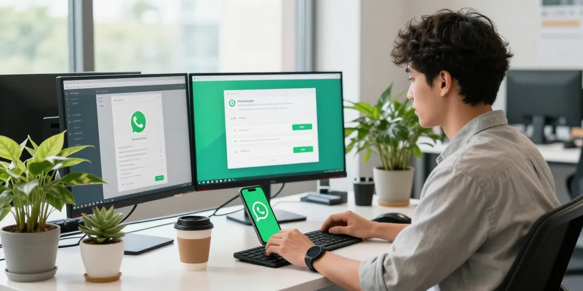 Engaging tech workspace illustrating WhatsApp下載 with dual monitors, mobile device, and a vibrant office atmosphere.