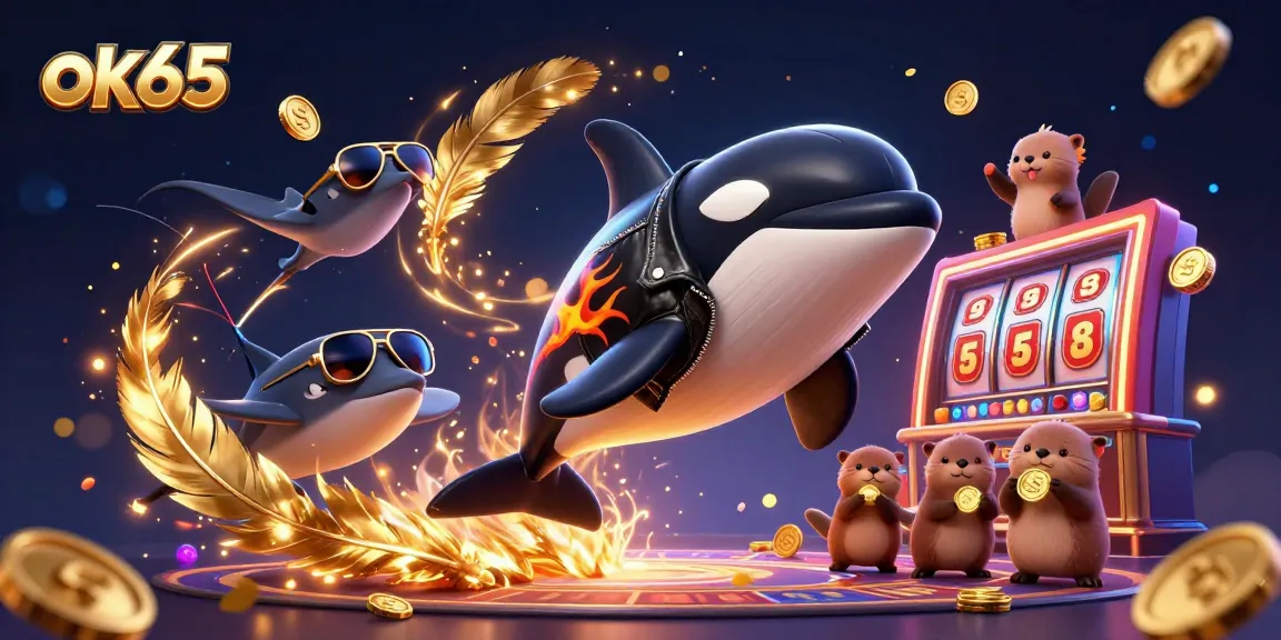 Experience thrilling gameplay in a vibrant casino setting with ok65, featuring an orca, stingray, and sea otters.