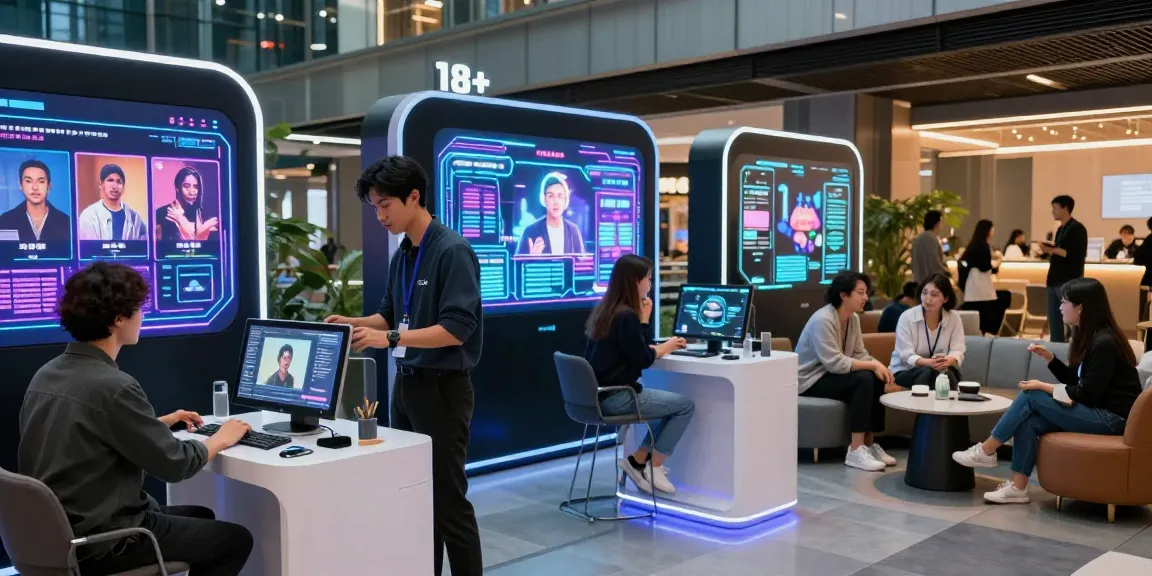 Engagement with 18+ AI technology in a vibrant urban hub showcasing interactive adult content.