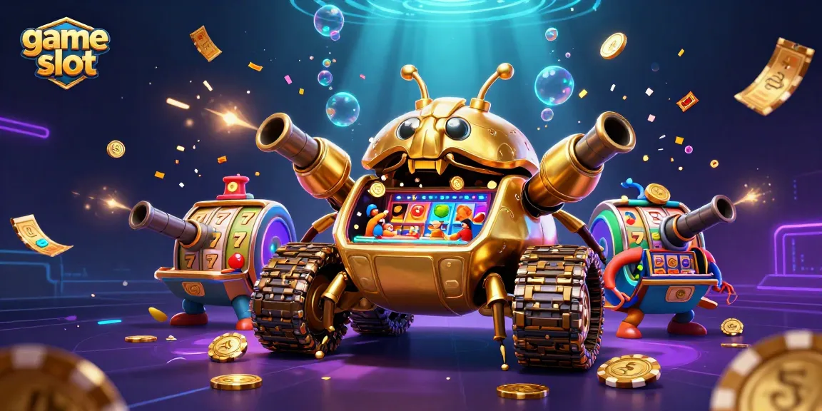 Engage in the dynamic game slot scene featuring a golden beetle tank, mini casino, and vibrant slot elements.