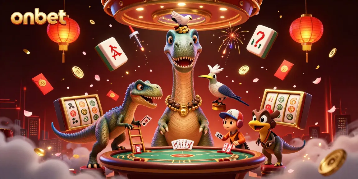 Engage in thrilling gameplay at onbet, where a 3D brontosaurus oversees dynamic casino action.